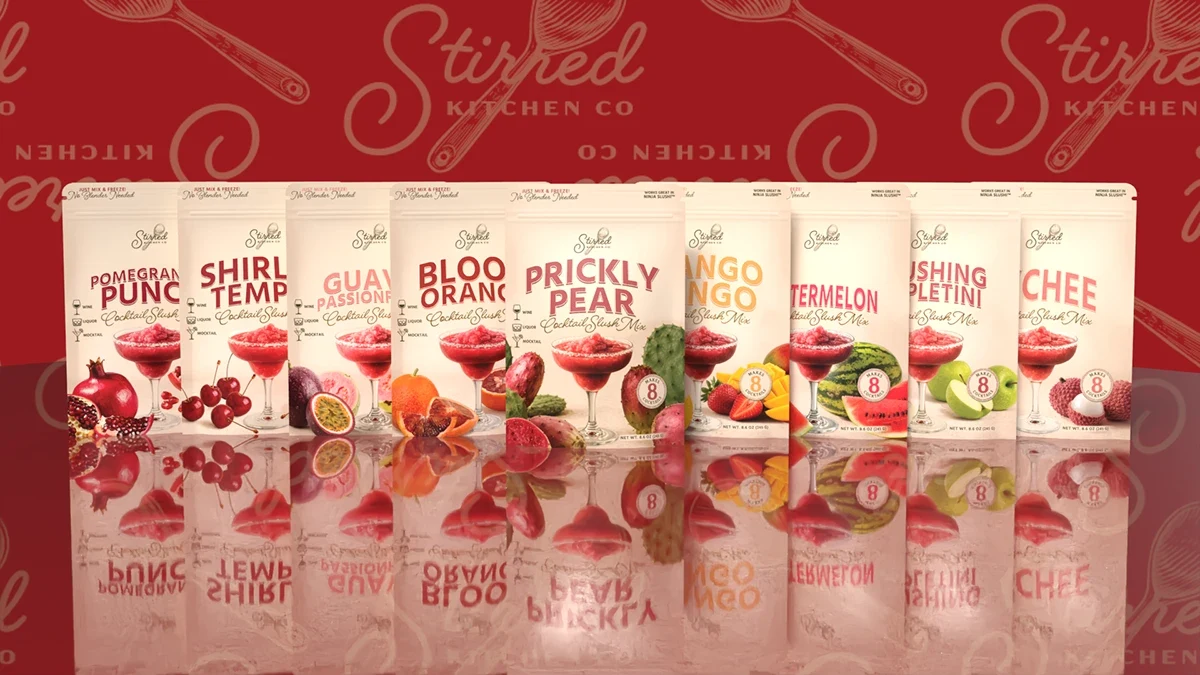 Stirred Kitchen Co cocktail slush mix packaging design across nine fruit flavors