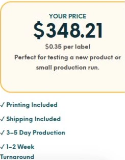 Calculated example quote showing a total of $348.21 and a displayed price of $0.35 per label, with printing and shipping included.
