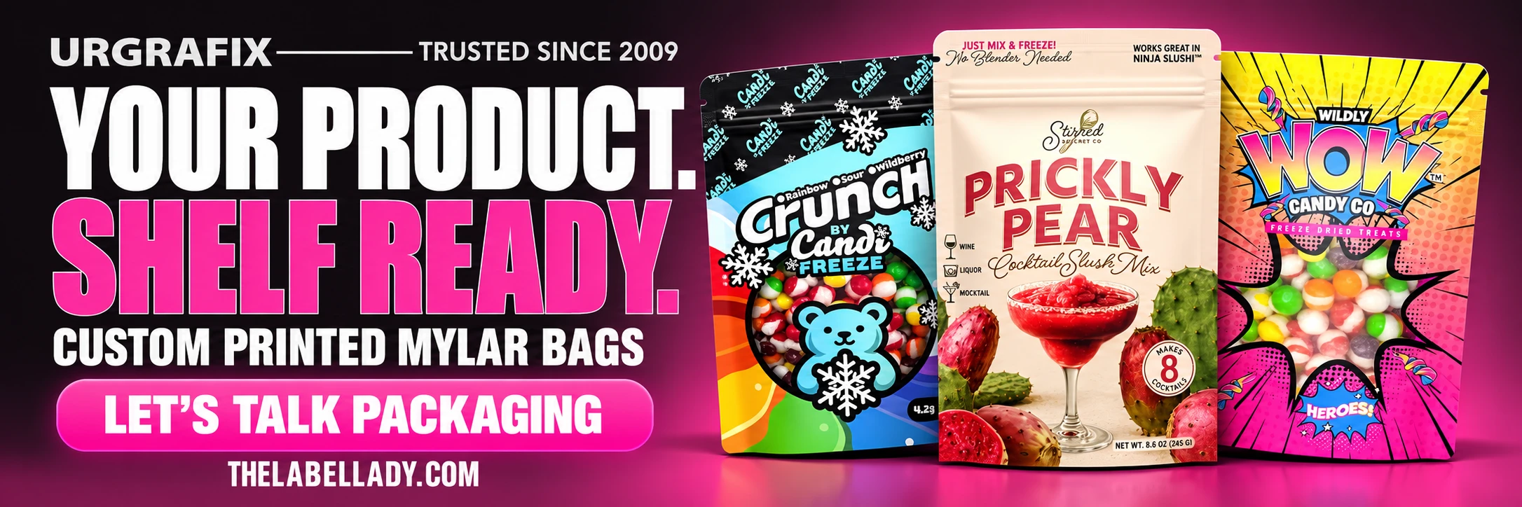 Custom printed Mylar bags. Get a quote at The Label Lady.